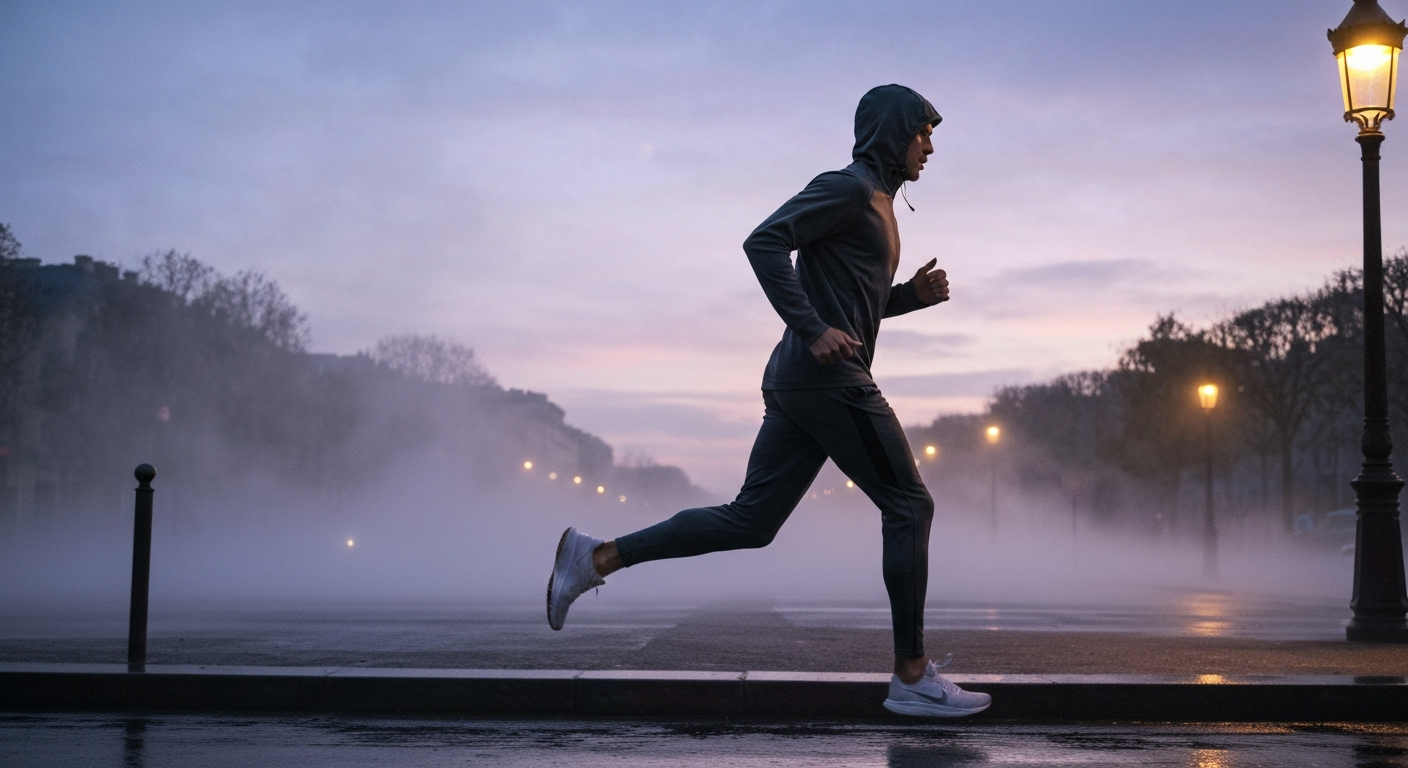 Une coureuse en jogging gris dans une rue parisienne à l'aube, capot relevé